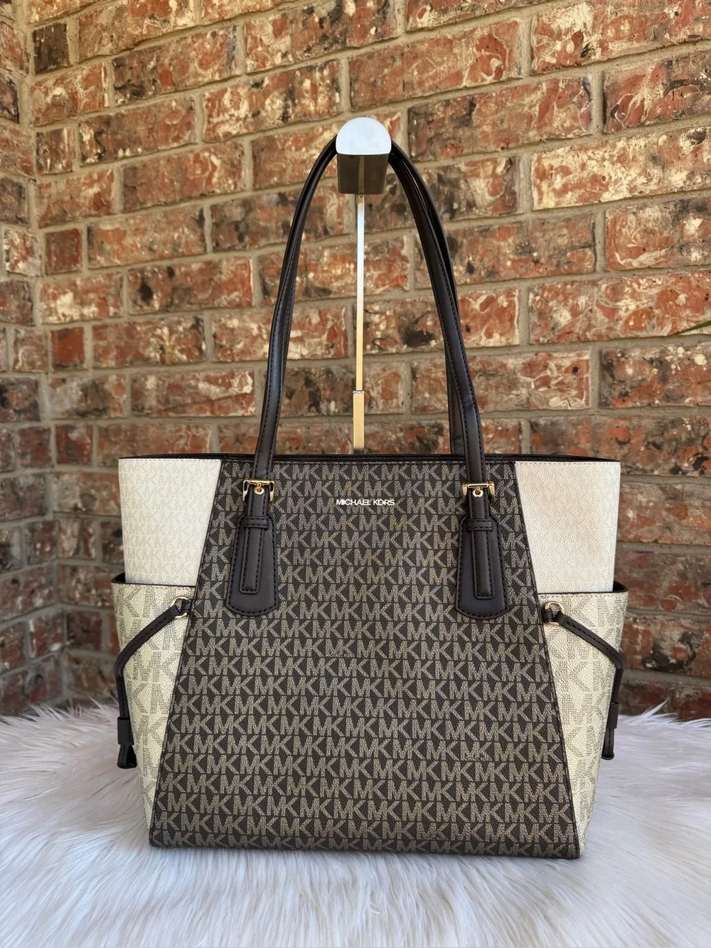 Michael Kors Women's Signature Logo Brown and Cream Tote Bag